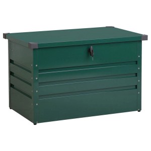Dunkelgrüne Beliani Auflagenbox Cebrosa aus Stahl, abschließbare Universalbox für Gartenutensilien.