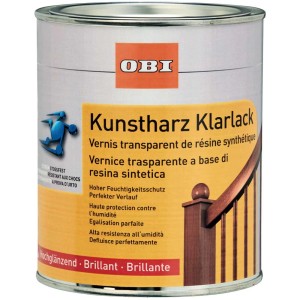 Dose OBI Kunstharz-Klarlack, farblos, hochglänzend, 375ml. Für Holzmöbel im Innen- und Aussenbereich.