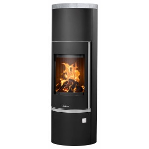 Poêle à bois Justus Faro W+ 2.0, acier noir avec pierre ollaire grise, 7 kW. Cheminée pour une chaleur agréable.