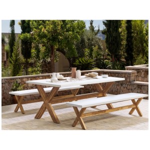 Beliani banc de jardin Olbia, banc en fibres-ciment blanc avec structure en acacia pour le jardin.
