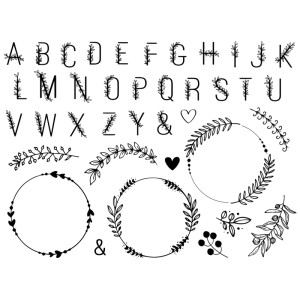 Aladine Stempelset: Alphabet, Kränze, Herz und Ornamente in Schwarz, ideal zum Basteln und Dekorieren.