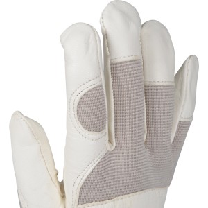 Guanto da lavoro OX-ON Eco Comfort 7301, bianco-grigio, taglia 7, in pelle di capra con inserti in elastan.