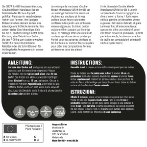 Verpackung der GROW by OBI Narzissen-Mischung, Double Mixed, mit Infos zu Pflanzung und Pflege.