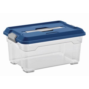 Boîte multi-usage transparente OBI Cadiz XS avec couvercle bleu, capacité 12 litres.