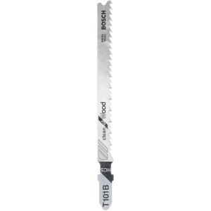 Lama per seghetto alternativo Bosch Pro T 101 B Clean for Wood, confezione da 3, adatta per tagli puliti nel legno.