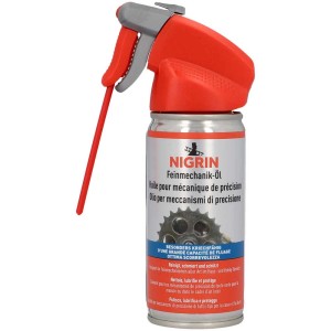 Olio per meccanica di precisione Nigrin, barattolo da 100 ml con testina spray rossa per riparazioni di vernice e carrozzeria.