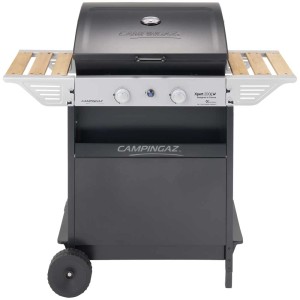 Campingaz Xpert 200LW barbecue a gas, acciaio inox, nero con ripiani laterali e coperchio.