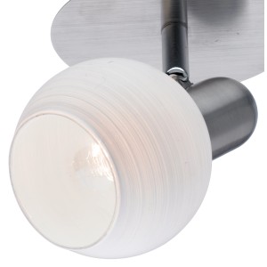 Spot Nicosia a 2 luci, nickel opaco con vetro a strisce bianche. Plafoniera per due lampadine E14.