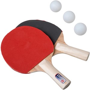 Set ping pong: 2 racchette (rosso/nero) e 3 palline bianche per gioco e divertimento.