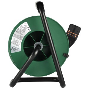Enrouleur de câble vert Lockxtend IP20 avec 25 m de câble et cadre noir.