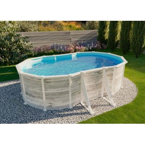 Piscine ovale Poolcrew Bornholm à paroi en acier avec échelle et liner gris dans le jardin.