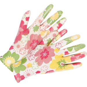 Set da 2 guanti da giardino con rivestimento parziale in nitrile, bianco-rosa con motivo floreale, taglia 8.