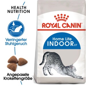 Royal Canin Indoor 27 cibo secco per gatti da appartamento. Sacchetto con gatto che si stira, riduce odore feci, crocchette.