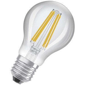 Lampadina LED Osram, forma Edison E27, bianco caldo, 7.2W. Vetro trasparente, filamenti LED visibili.
