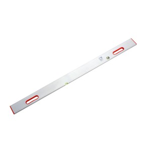 LUX Règle de maçon Comfort, 2,5 m, avec des fioles et des ouvertures de poignée rouges.