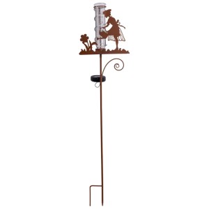Näve LED solaire piquet de terre pluviomètre, couleur rouille, avec silhouette de fille et pluviomètre transparent.