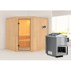 Sauna Woodfeeling Bodo con stufa bio e porta in vetro, sauna in legno massello per la casa.