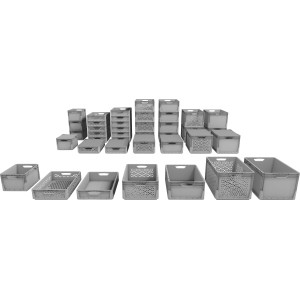 Diverse scatole di stoccaggio grigie Eurobox-System con pareti piene.