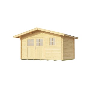 Abri de jardin en bois Weka Sienna non traité avec toit à deux pentes, 380x370 cm. Abri de jardin avec double porte et fenêtres.