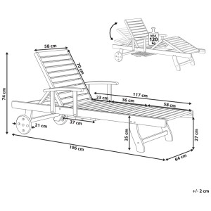 Schizzo del lettino prendisole Beliani Toscana in legno di acacia marrone scuro con dimensioni.