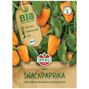Sperli Graines de poivron snack Flynn Bio, paquet avec des poivrons orange et verts.