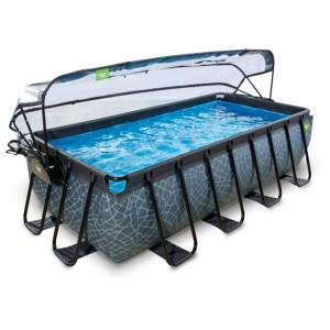 Piscine rectangulaire Exit Stone Grey avec couverture et pompe de filtration.