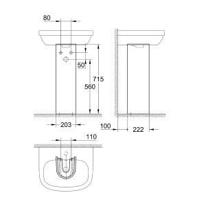 Disegno tecnico: Colonna Grohe per lavabo Euro Ceramic con dimensioni.