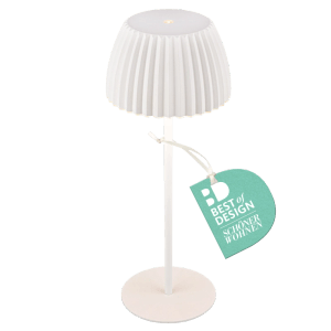 Lampada da tavolo a batteria bianca Brilo Riffle con dimmer touch, ideale per balcone e terrazza.