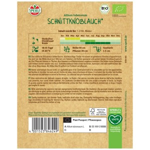 Confezione di semi di erba cipollina all'aglio biologica Sperli con informazioni sulla coltivazione e il tempo di raccolta.