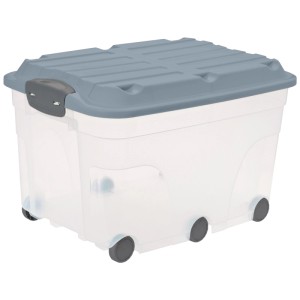 Rotho Aufbewahrungsbox Roller 6, 57L, Misty Blue, mit Deckel und Rollen.
