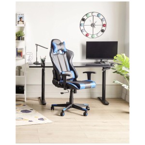 Sedia gaming Beliani in similpelle nera e blu, con supporto lombare e schienale regolabile.
