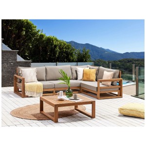 Ensemble lounge modulable 4 places Timor II en acacia avec coussins taupe.