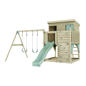 Tour de jeu PolarPlay Nils avec balançoire et toboggan, vert menthe. Structure de jeu en bois avec mur d'escalade.