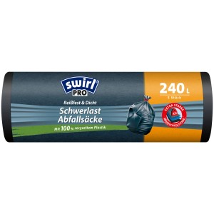 Paquet de sacs poubelles Swirl résistants, 240L, 5 pièces, indéchirables, avec cordon de serrage.