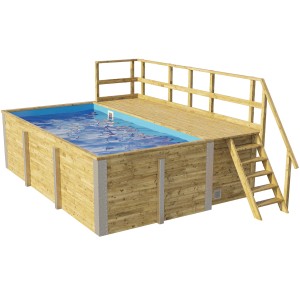 Piscine en bois Weka avec terrasse, local technique et liner bleu. Idéal pour se rafraîchir dans le jardin.