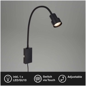 Lampe à prise noire Briloner Tusi avec bras flexible et fonction tactile, idéale comme applique murale.