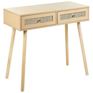 Console Beliani Odell, marron, avec 2 tiroirs en rotin et pieds en bois.