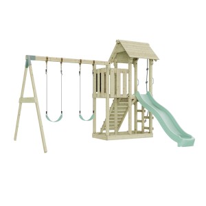 Balançoire enfant PolarPlay Uppsala vert menthe avec tour de jeux et toboggan.