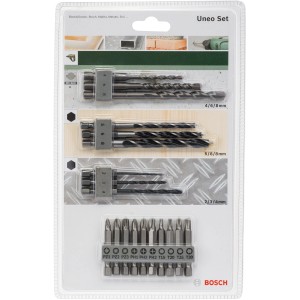 Set punte Bosch Uneo, 19 pezzi: punte per pietra, legno, metallo e inserti per avvitatori Uneo.