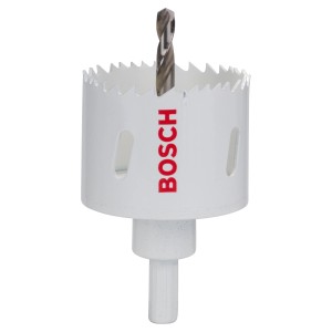 Seghe a tazza bimetalliche Bosch, 57 mm di diametro, con punta da trapano pilota. Strumento per foratura precisa.