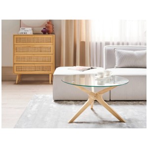 Table basse transparente Valley avec verre de sécurité et cadre en bois clair.