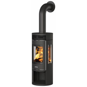 Poêle à bois noir Justus Mino Trios 2.0 en acier avec trois vitres et rangement pour le bois. Cheminée pour une chaleur agréable.