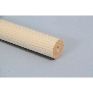 Main courante en épicéa, bois massif, Ø 40mm, longueur 2250mm, vue détaillée de l'extrémité avec trou.