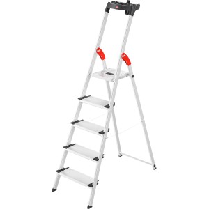 Scala domestica in alluminio Hailo XXL L80 Comfortline a 5 gradini, con vassoio portaoggetti e zigrinatura antiscivolo.