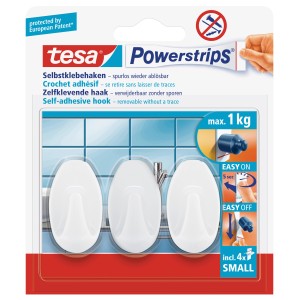 Tesa crochets adhésifs, 3 crochets ovales avec Powerstrips, supporte jusqu'à 1 kg, se retire sans trace.