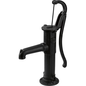 Pompe à main noire en fonte, idéale comme décoration ou pour l'extraction d'eau dans le jardin.