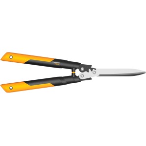 Cisailles à haie à crémaillère Fiskars PowerGear X HSX92 avec poignées jaune et noir et lames en acier.