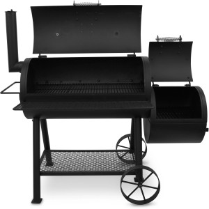 Barbecue à charbon de bois noir Char-Broil Oklahoma Joe Smoker avec roues, étagère latérale et thermomètre.