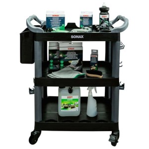 Chariot Sonax Basic, plastique noir et gris, avec trois niveaux et accessoires.