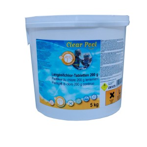 Seau de pastilles de chlore longue durée 200g pour la désinfection de piscine.